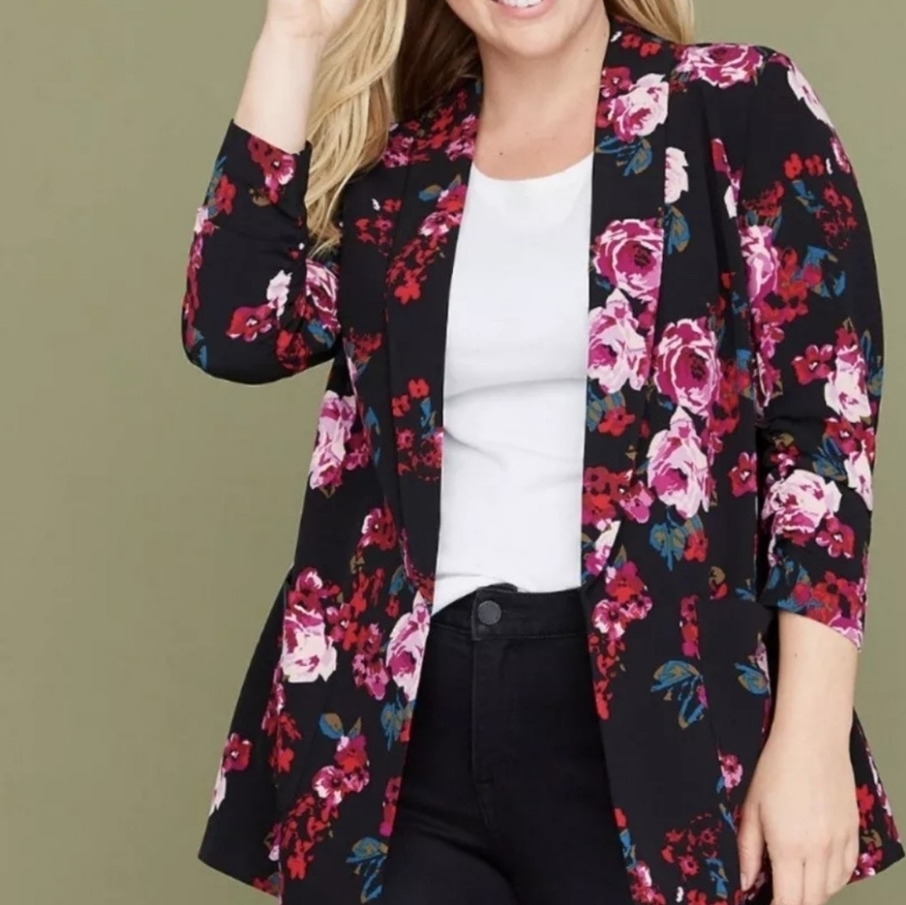 Lane Bryant Black Floral Pink Red Long Line Open Front Blazer Plus Size 18/20